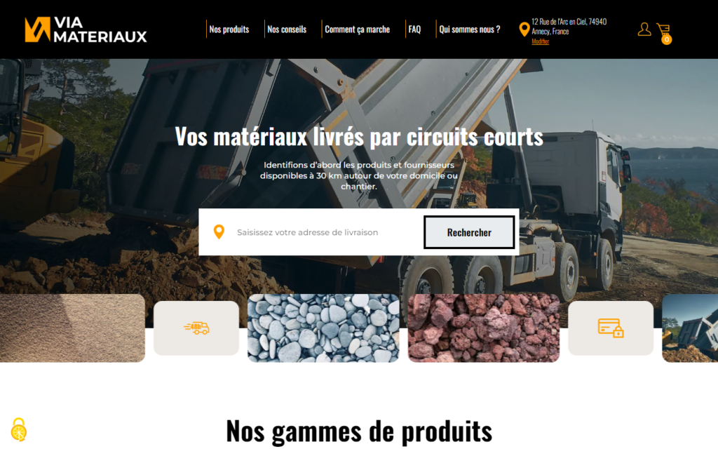 Page d'accueil du site Via-Materiaux, présentant le champ pour l'auto-complétion Google