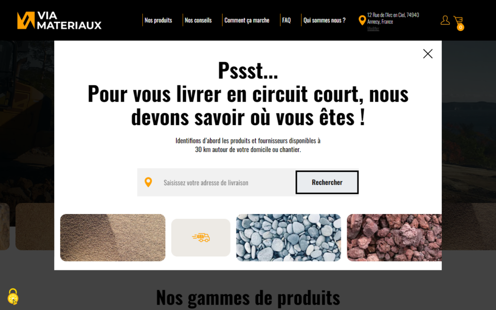 Pop-up permettant de filtrer les produits & changer son adresse sur les pages catégories